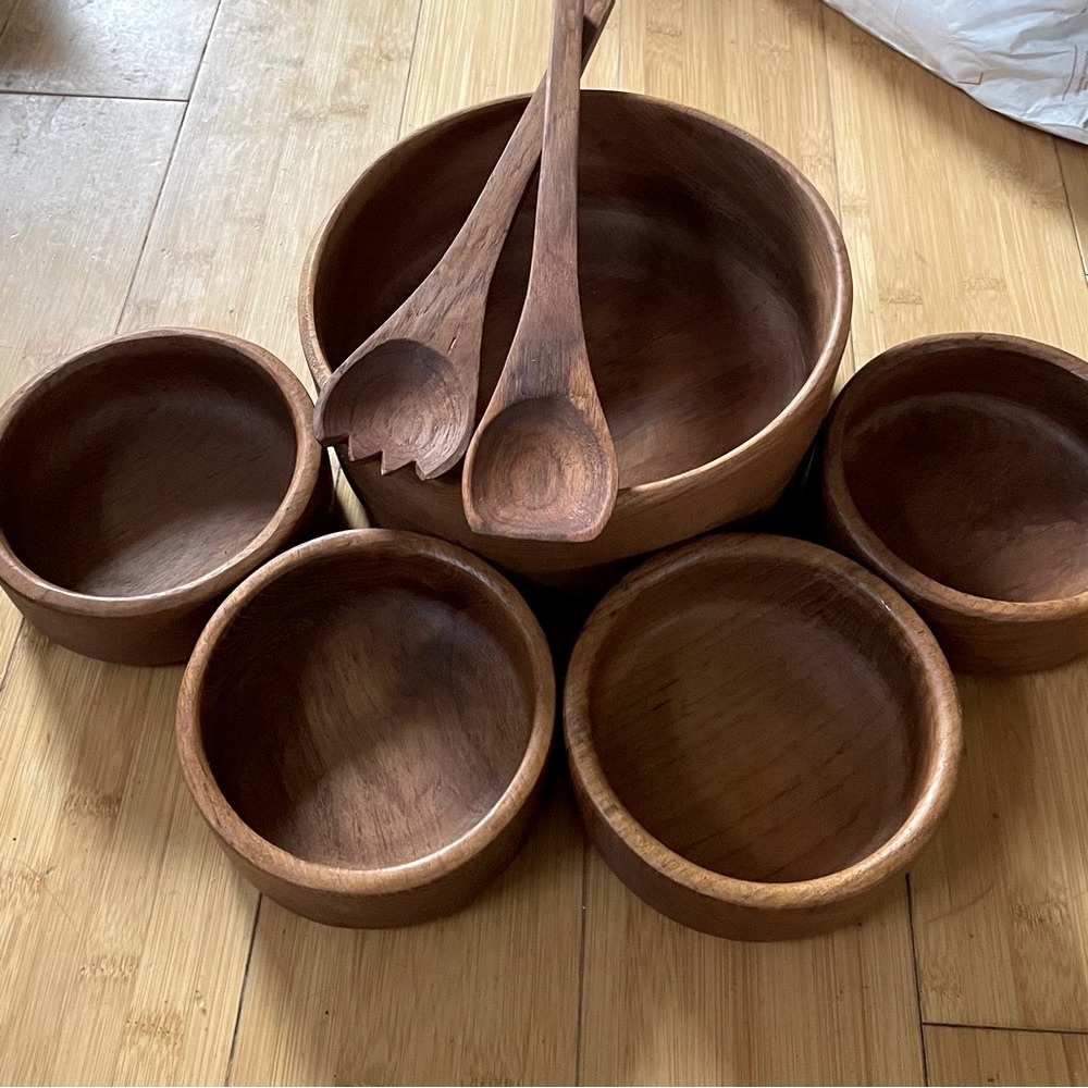 Vintage mid century good wood teak salad set